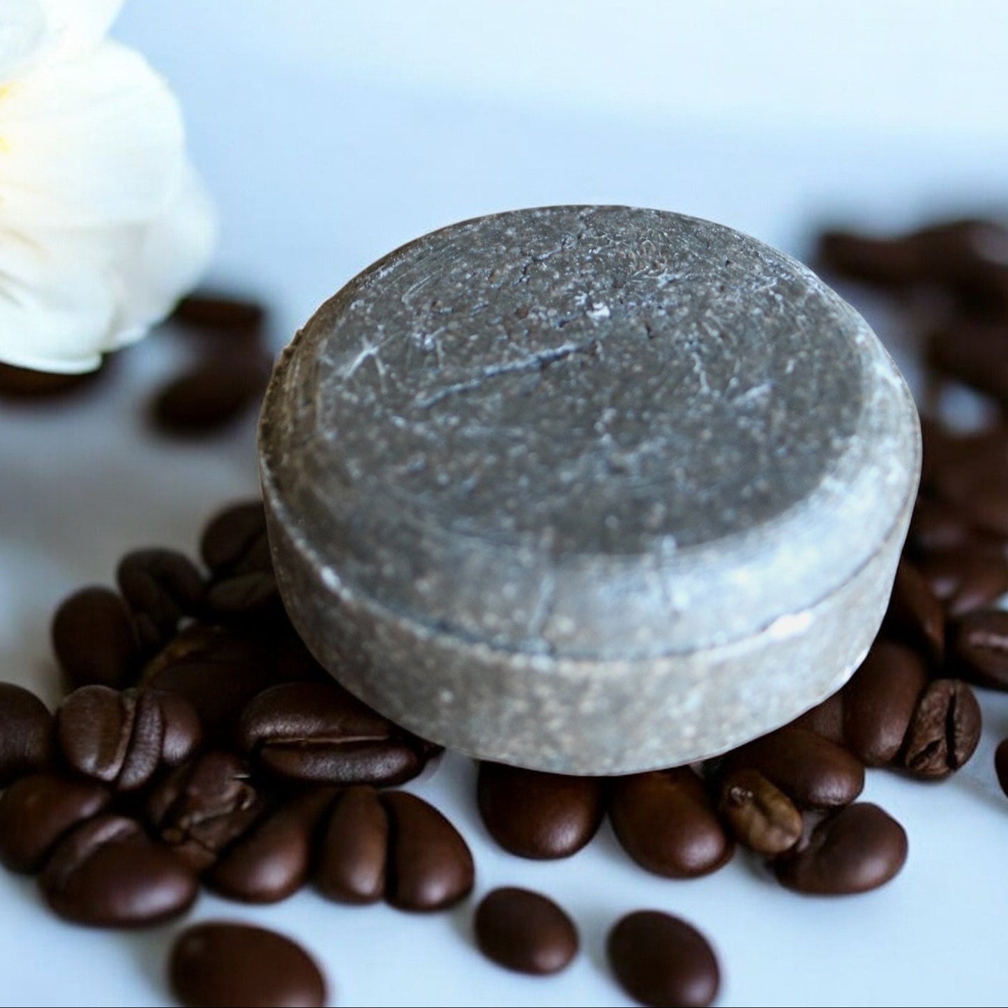 Round grayish-brown shampoo bar on coffee beans with white flowers in the background