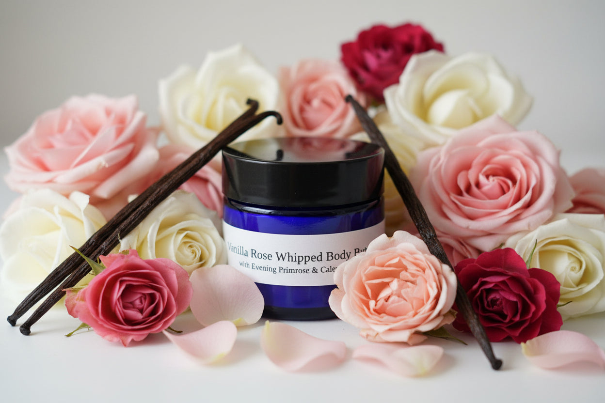 Jar of Vanilla Rose Whipped Body Butter on a neutral background