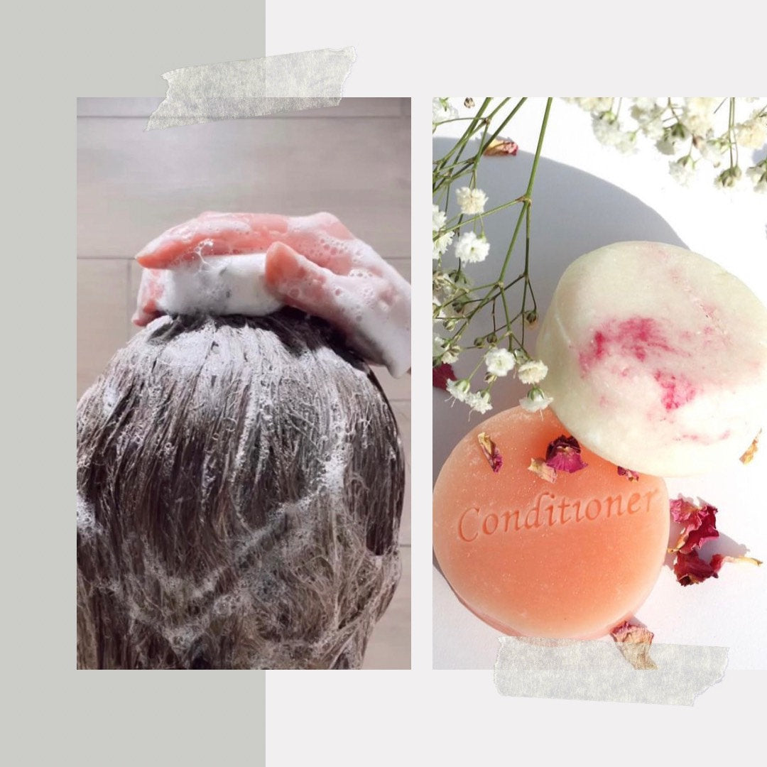 Two images: one of a hand washing hair with soap, the other of a conditioner bar with flowers.