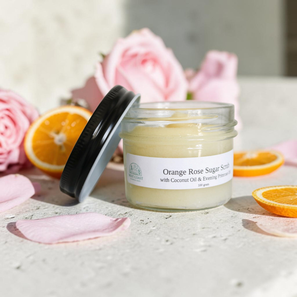 Orange & Rose Sugar Scrub with coconut oil and evening primrose. Exfoliating and nourishing.