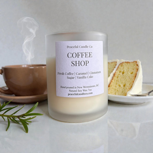 Coffee Shop scented candle features a blend of fresh coffee, caramel, cinnamon, sugar, and vanilla cake notes.