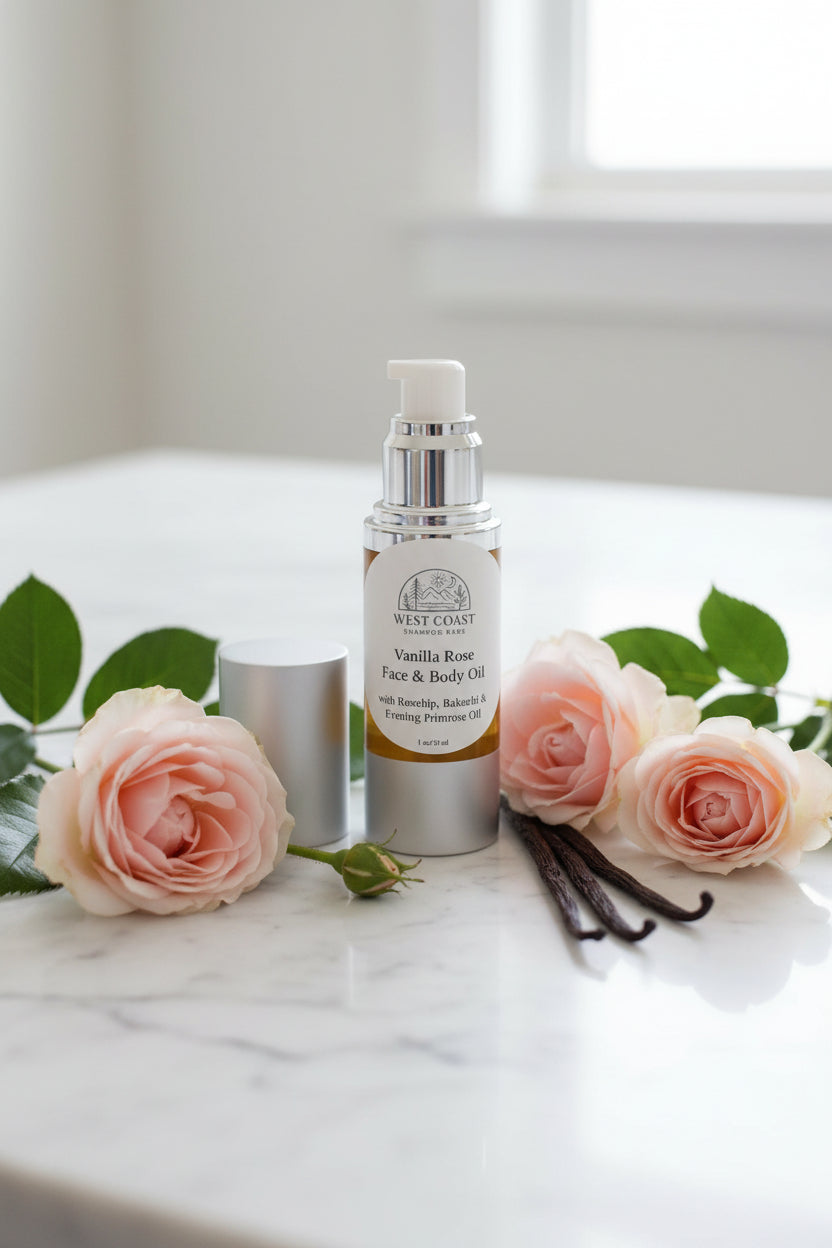 West Coast Shampoo Bar's Vanilla Rose Face & Body Oil in a silver pump bottle with a white cap, shown next to its silver cap on a neutral beige background.
