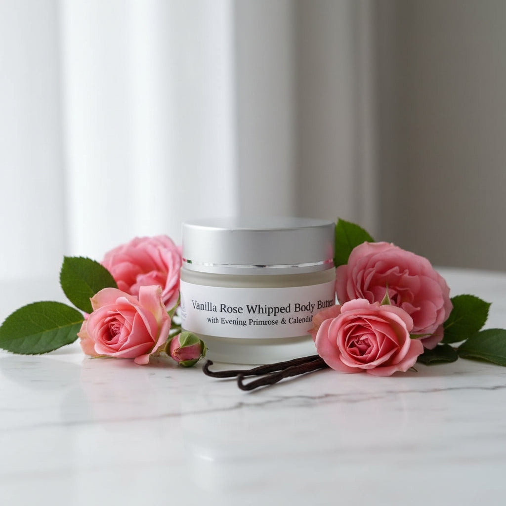 A small jar of Vanilla Rose Whipped Body Butter with Evening Primrose & Calendula Oil. Great for dry skin.